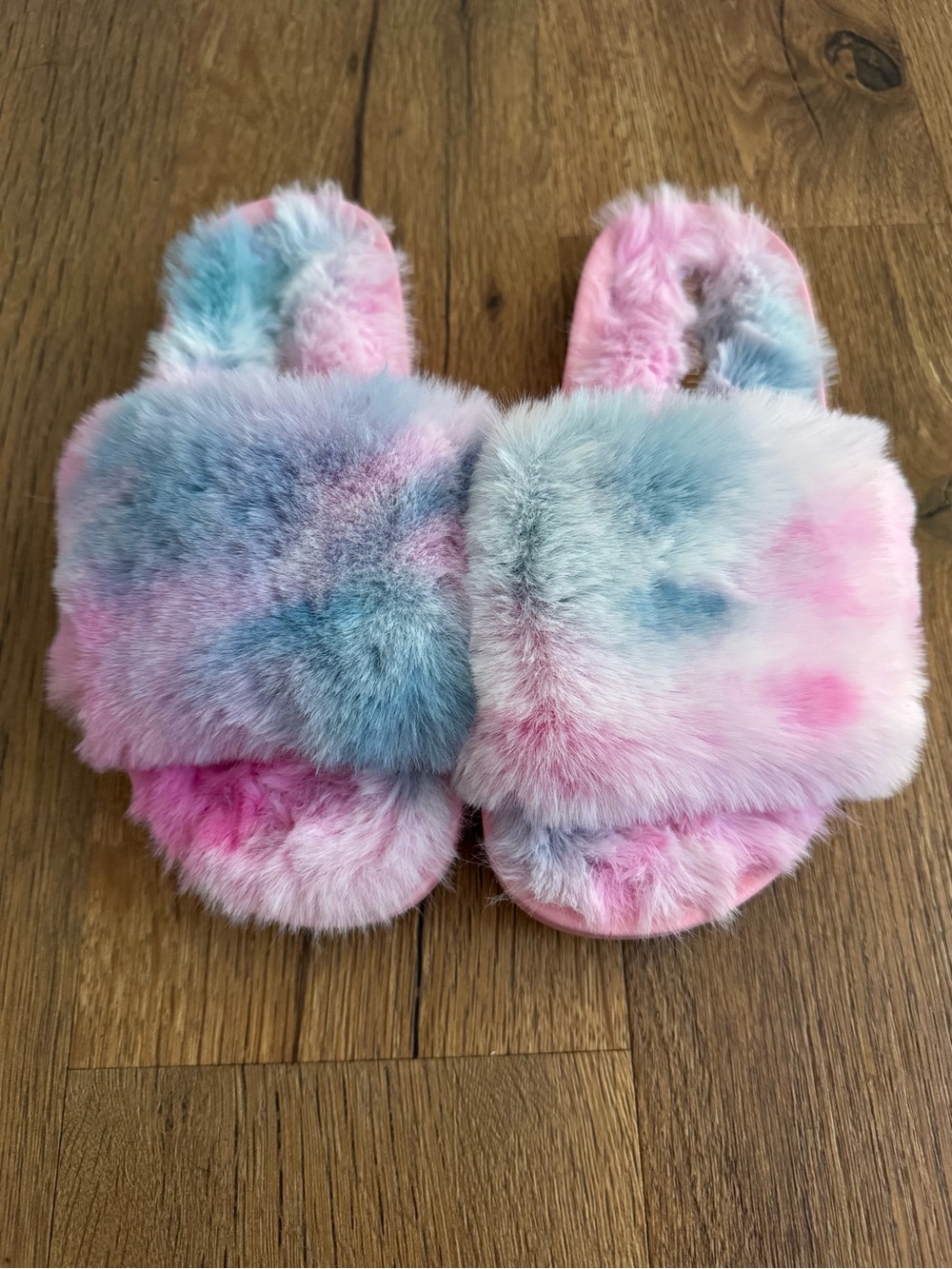 Madden Girl Pastel Pink and Blue Tie-Dye Faux Fur Slide Slippers